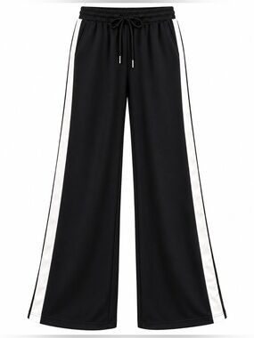 Black Wide-Leg Track Pants with White Side Stripe